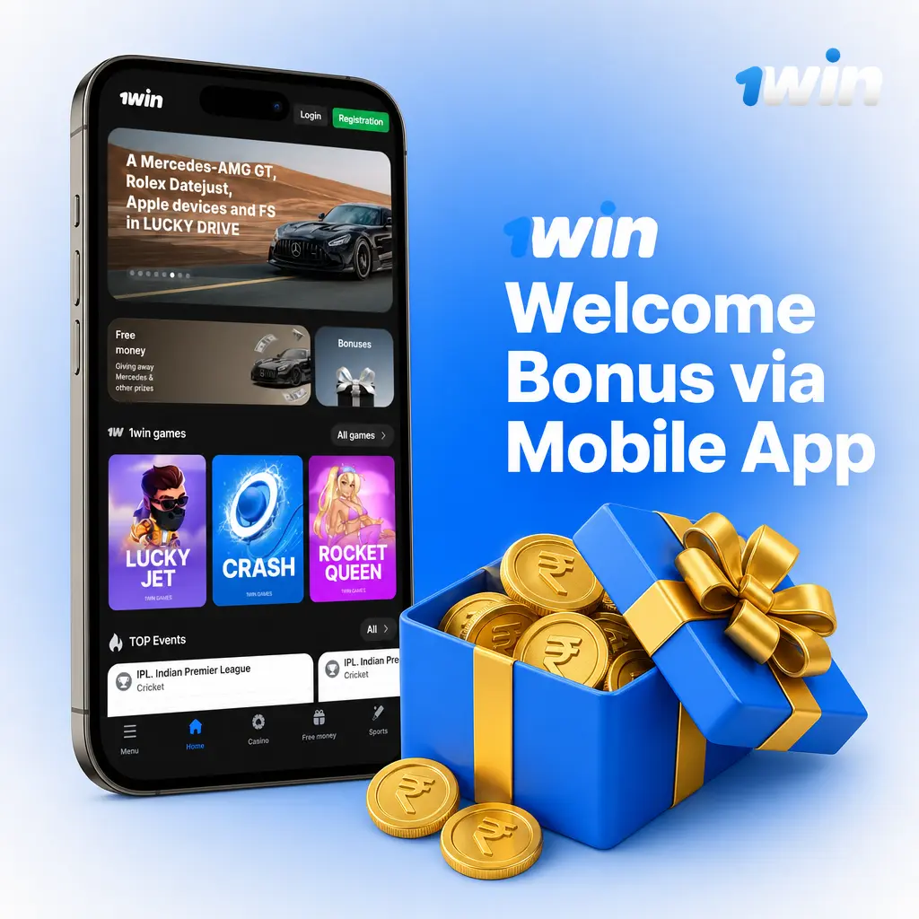 1win welcome bonus shown on mobile app screen for Android and iOS with deposit and registration steps