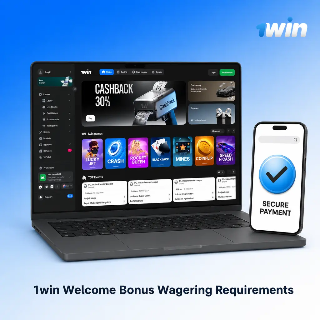 1win welcome bonus wagering requirements explained: multipliers, contribution rates, max bet limits, and validity period for Indian users.