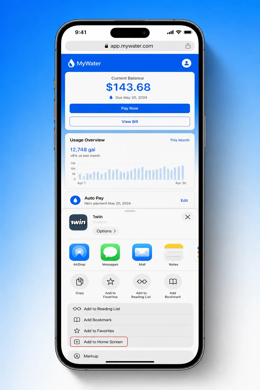 Steps to add 1win shortcut to iPhone Home Screen using Safari's share menu and Add to Home Screen option