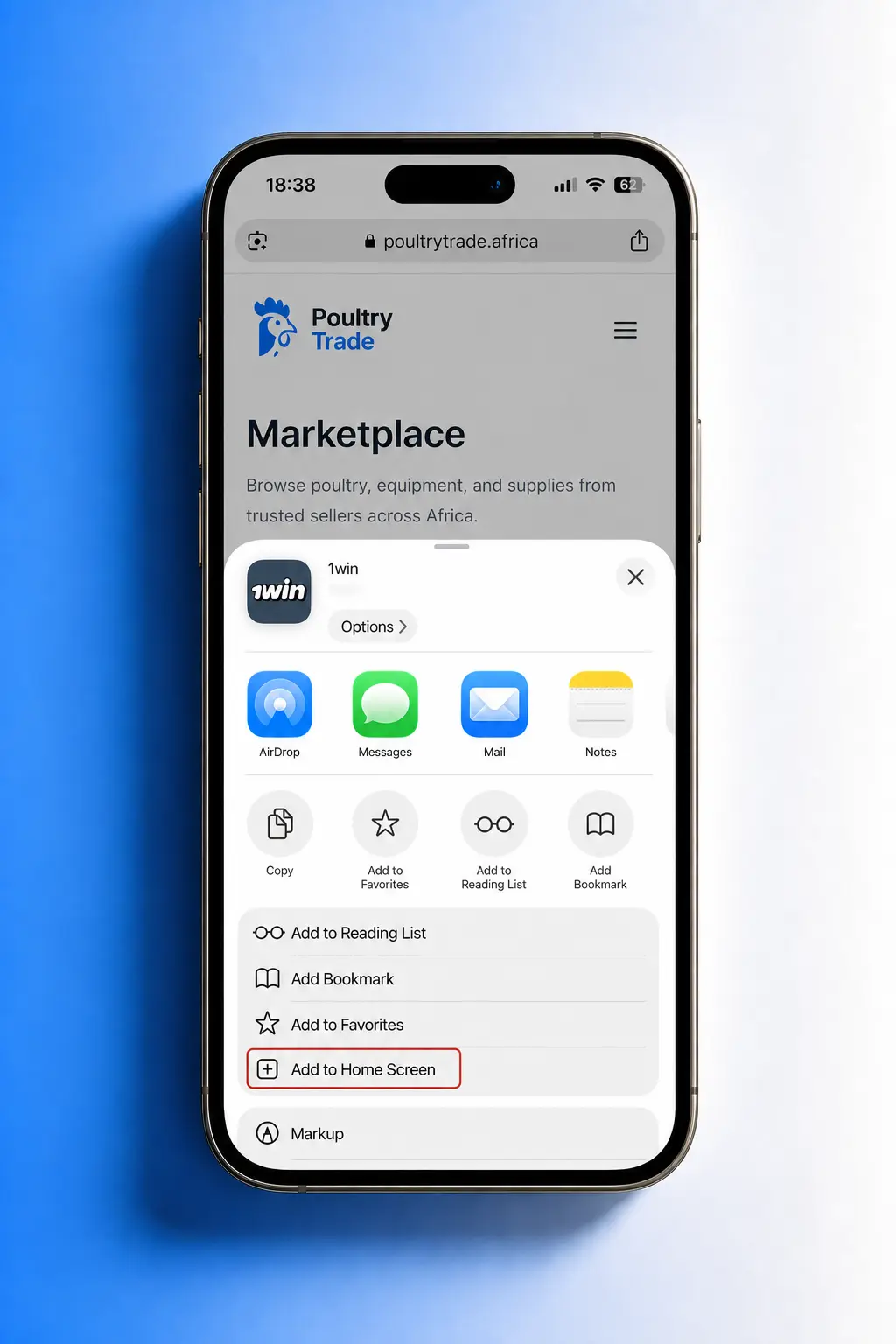 Steps to add 1win shortcut to iPhone home screen using Safari's share menu and Add to Home Screen option