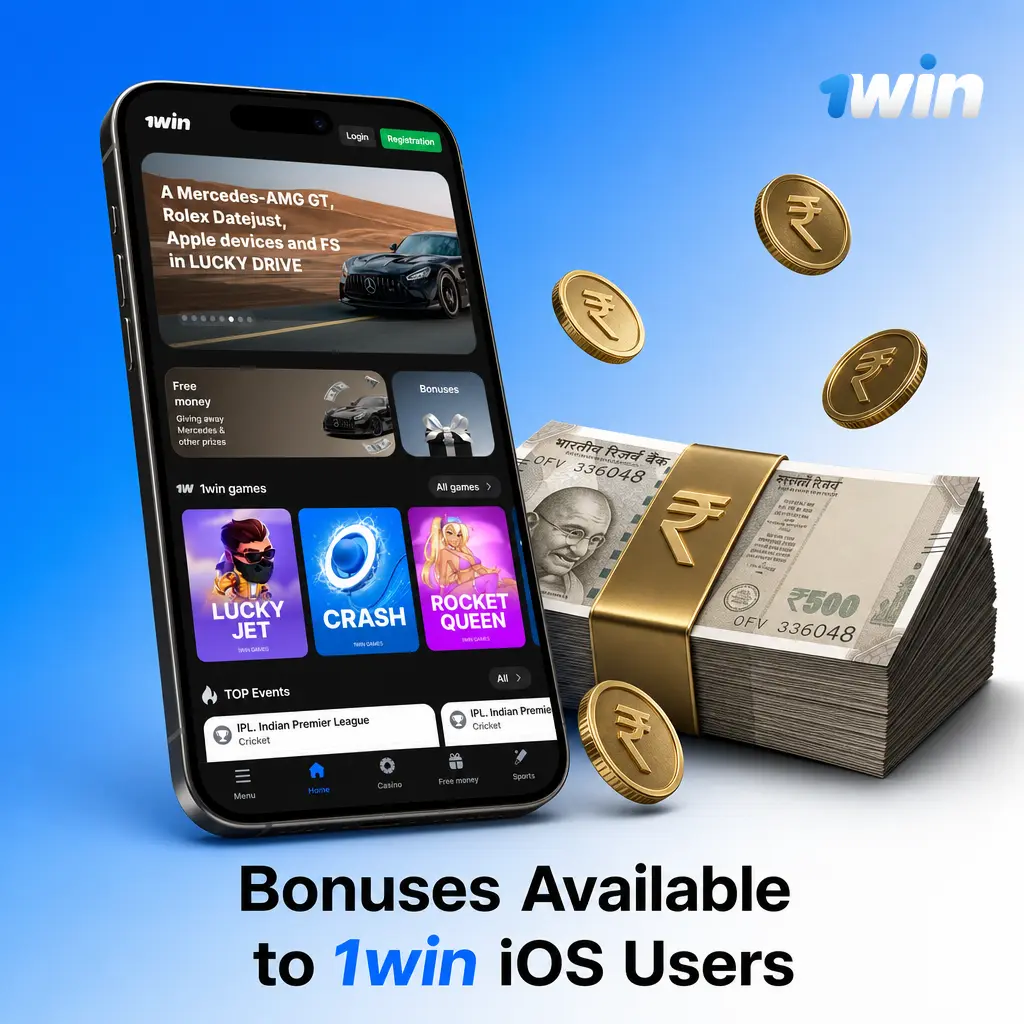 1win iOS bonuses: 500% welcome bonus up to 180,000 INR, 500 FS, sports boosts, casino cashback, and free spins offers.