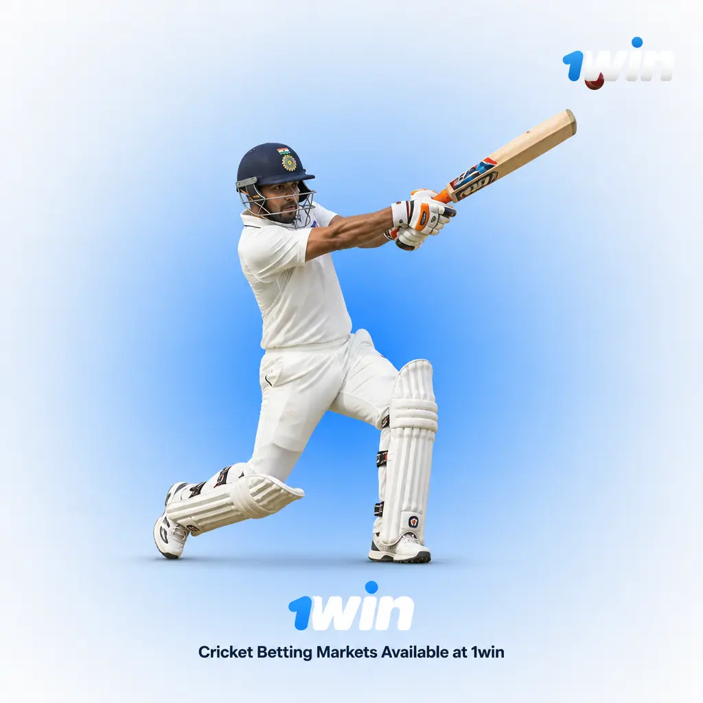 Cricket betting markets at 1win, including match winner, run totals, top batter/bowler, and handicap options.