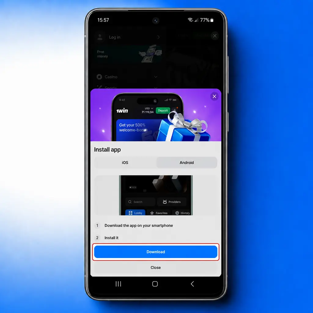 1win app screenshot showing CS2 esports betting menu with live odds and bet slip for mobile users in India