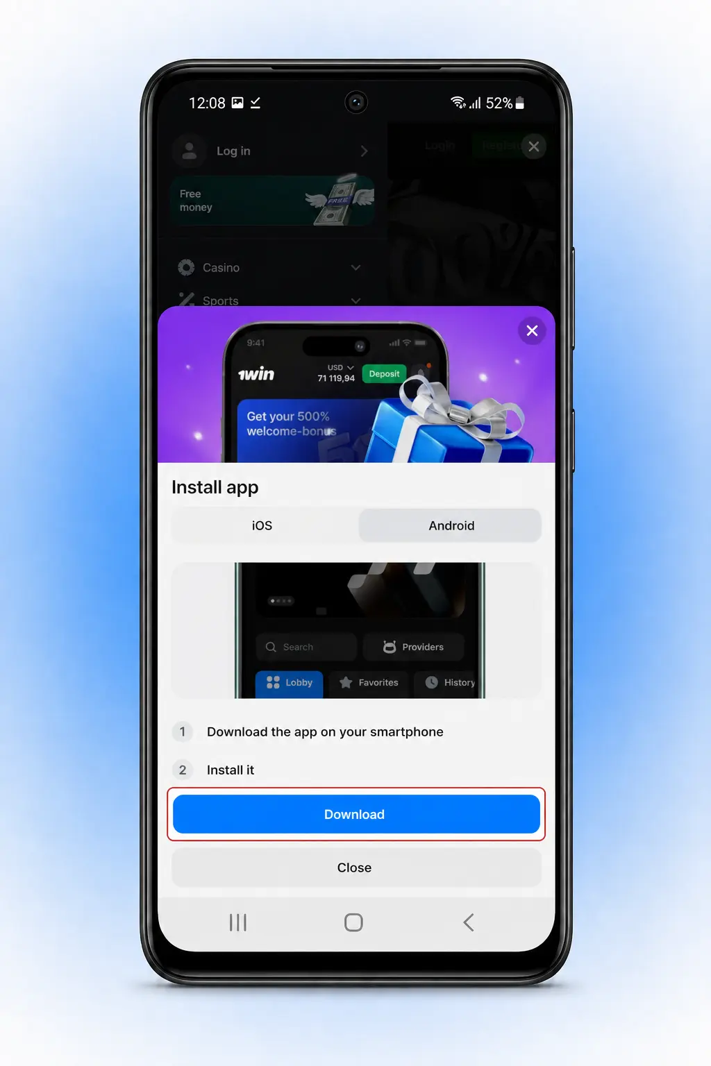 Step-by-step guide showing how to download and install the 1win APK on an Android smartphone in India