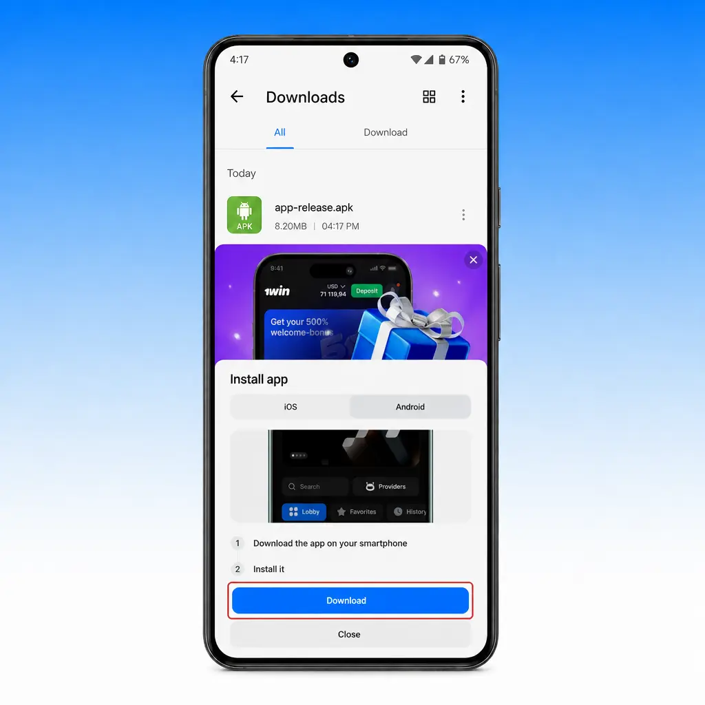 Steps to download and install the 1win APK on an Android device in India