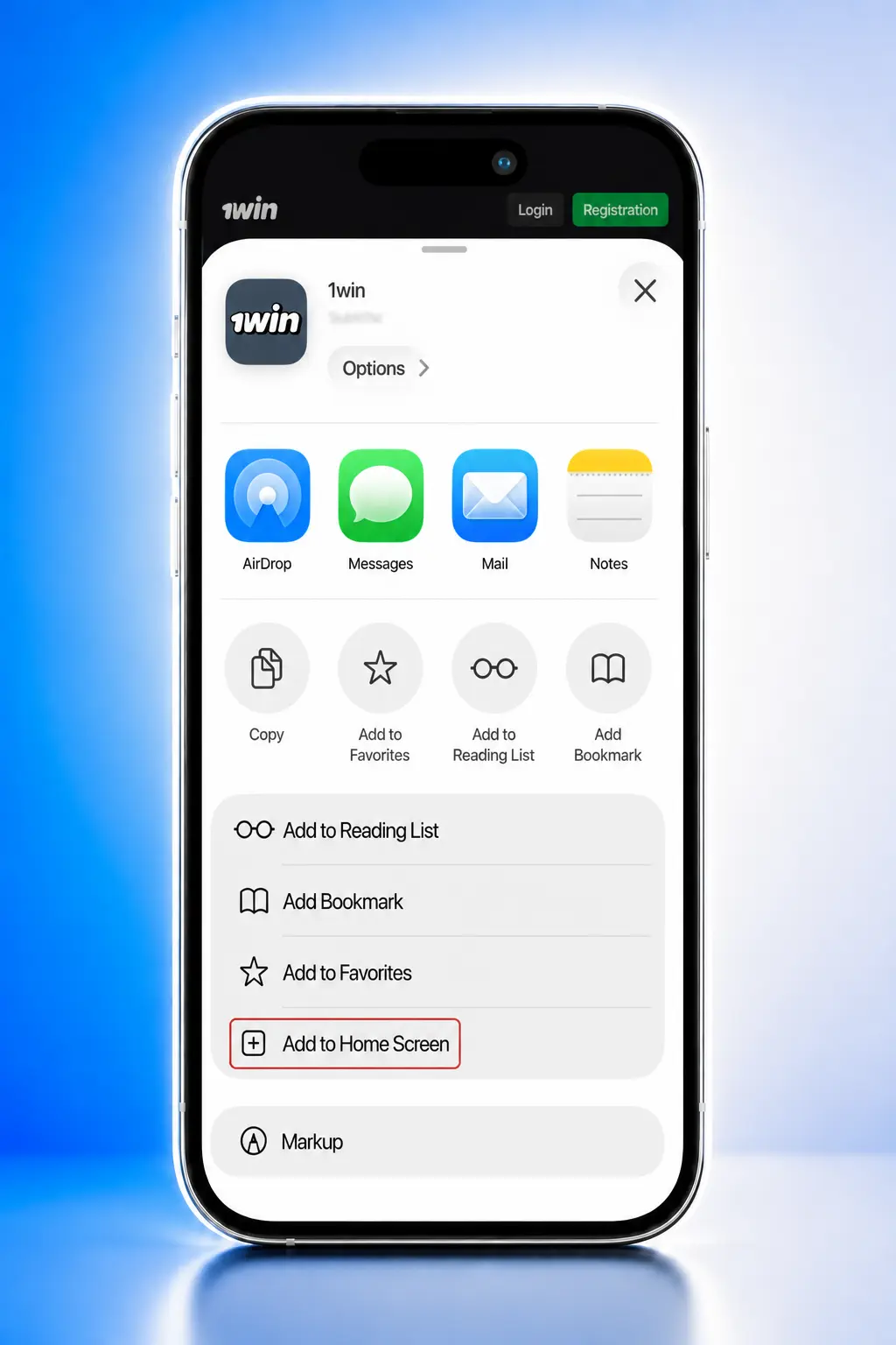 Steps to download and install 1win on iOS via Safari browser and add a home screen shortcut for quick access in India