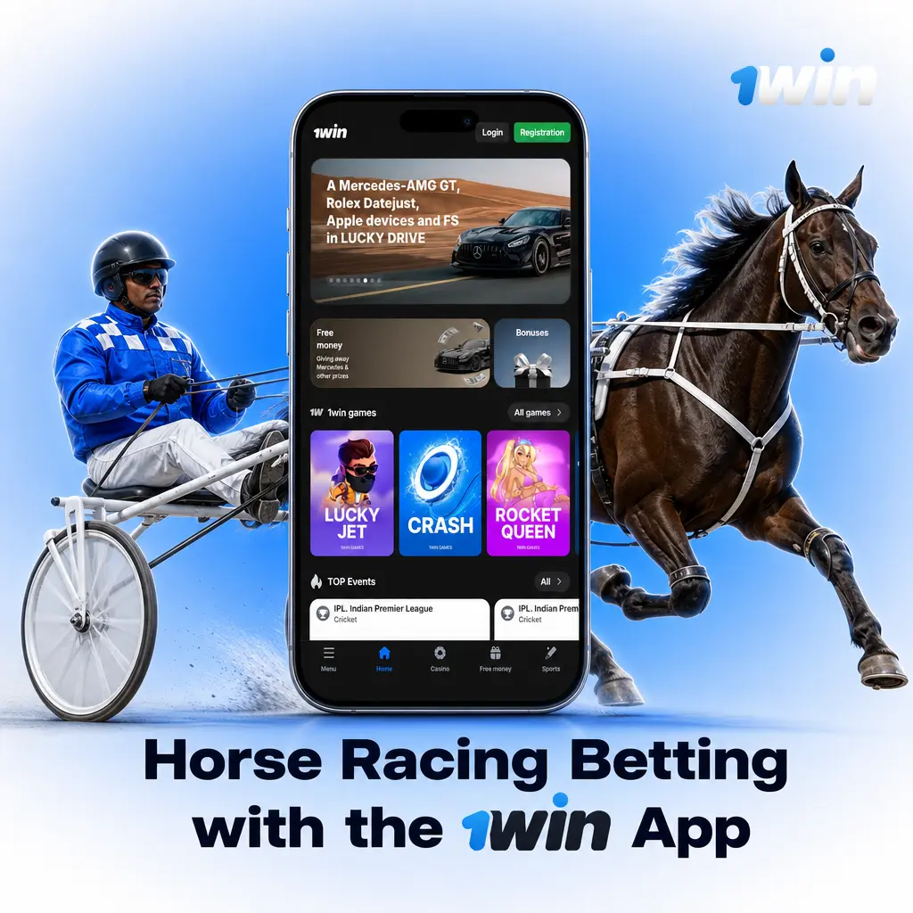 Horse racing betting screen in the 1win app showing racecards, markets, and fixed odds on mobile