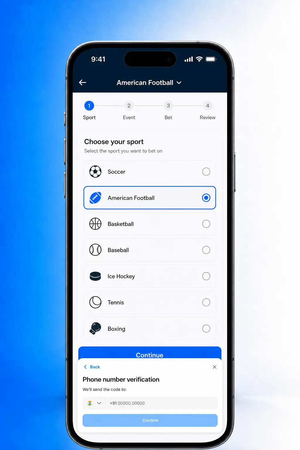 Step-by-step guide showing how to place an American Football bet on the 1win app interface