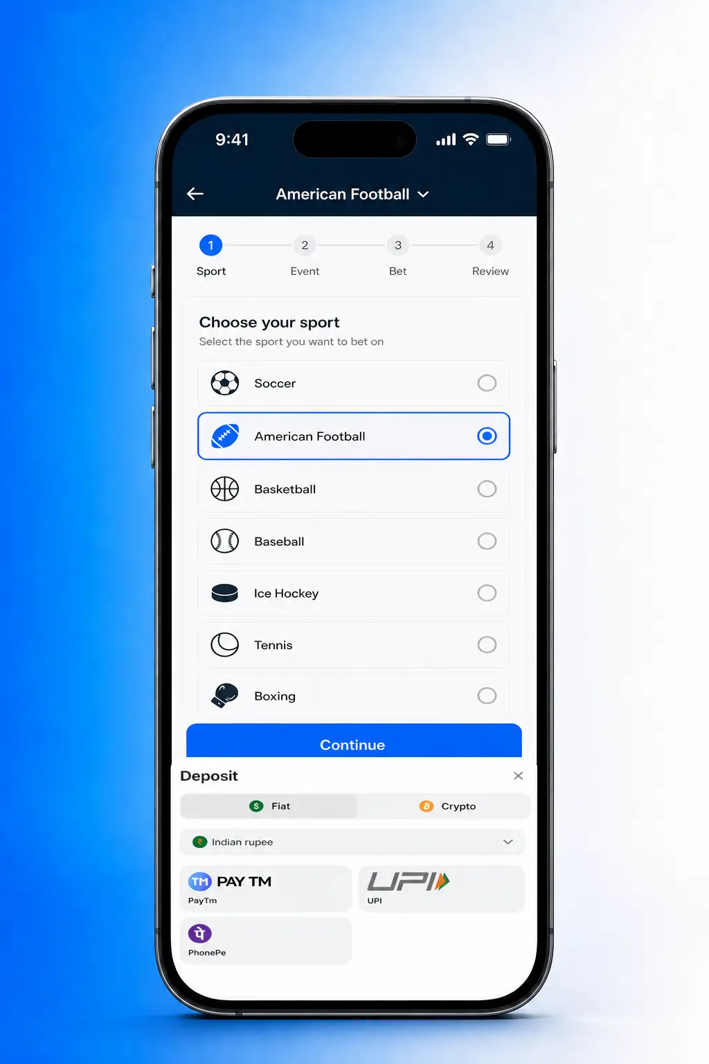 Step-by-step guide showing how to place an American Football bet on the 1win betting platform