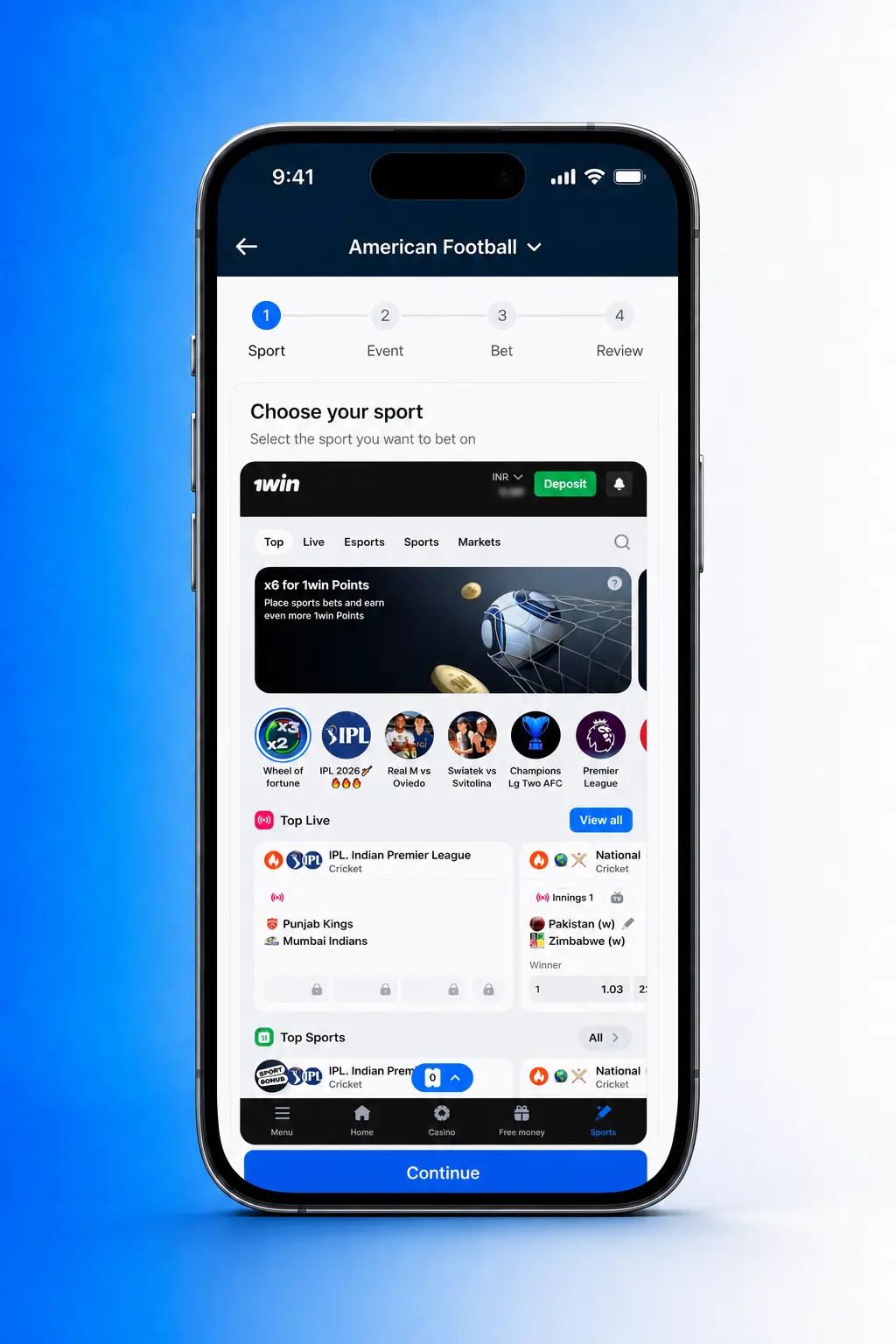 Step-by-step guide showing how to place an American Football bet on the 1win platform.