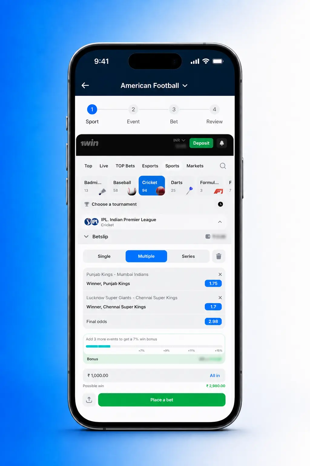 Step-by-step guide showing how to place an American Football bet on the 1win platform interface