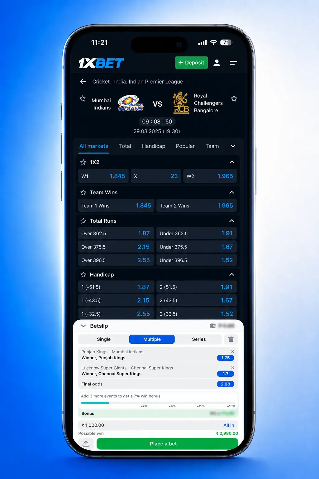 Step-by-step guide showing how to register, deposit, and place a cricket bet on the official 1win sportsbook platform.