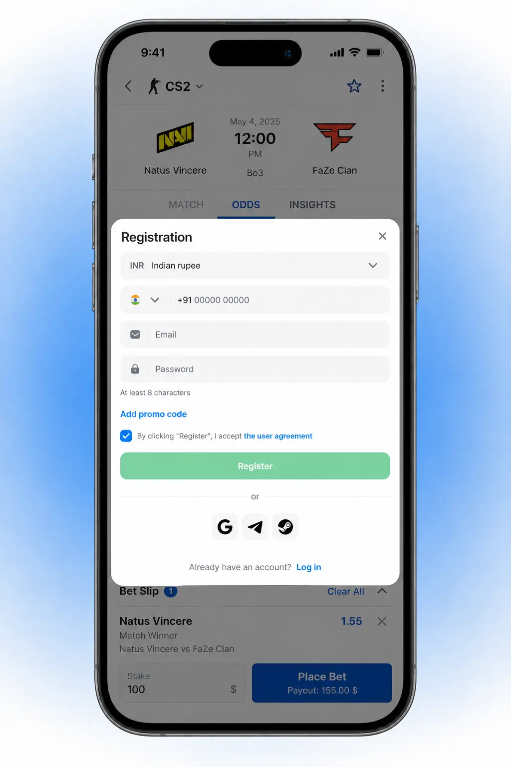 Step-by-step guide showing how to place a CS2 bet on the 1win sportsbook platform interface