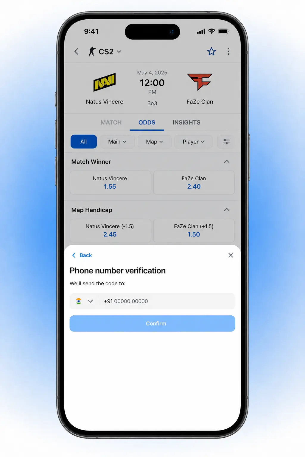 Step-by-step guide showing how to place a CS2 bet on the 1win sportsbook platform interface