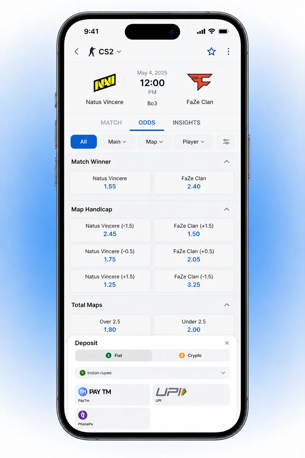 Step-by-step guide showing how to place a CS2 bet on the 1win sportsbook platform