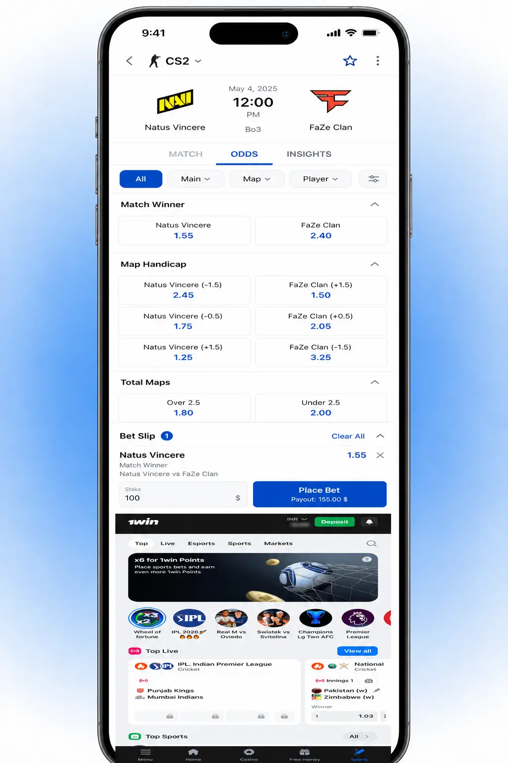 Step-by-step guide showing how to place a CS2 bet on the 1win sportsbook platform interface