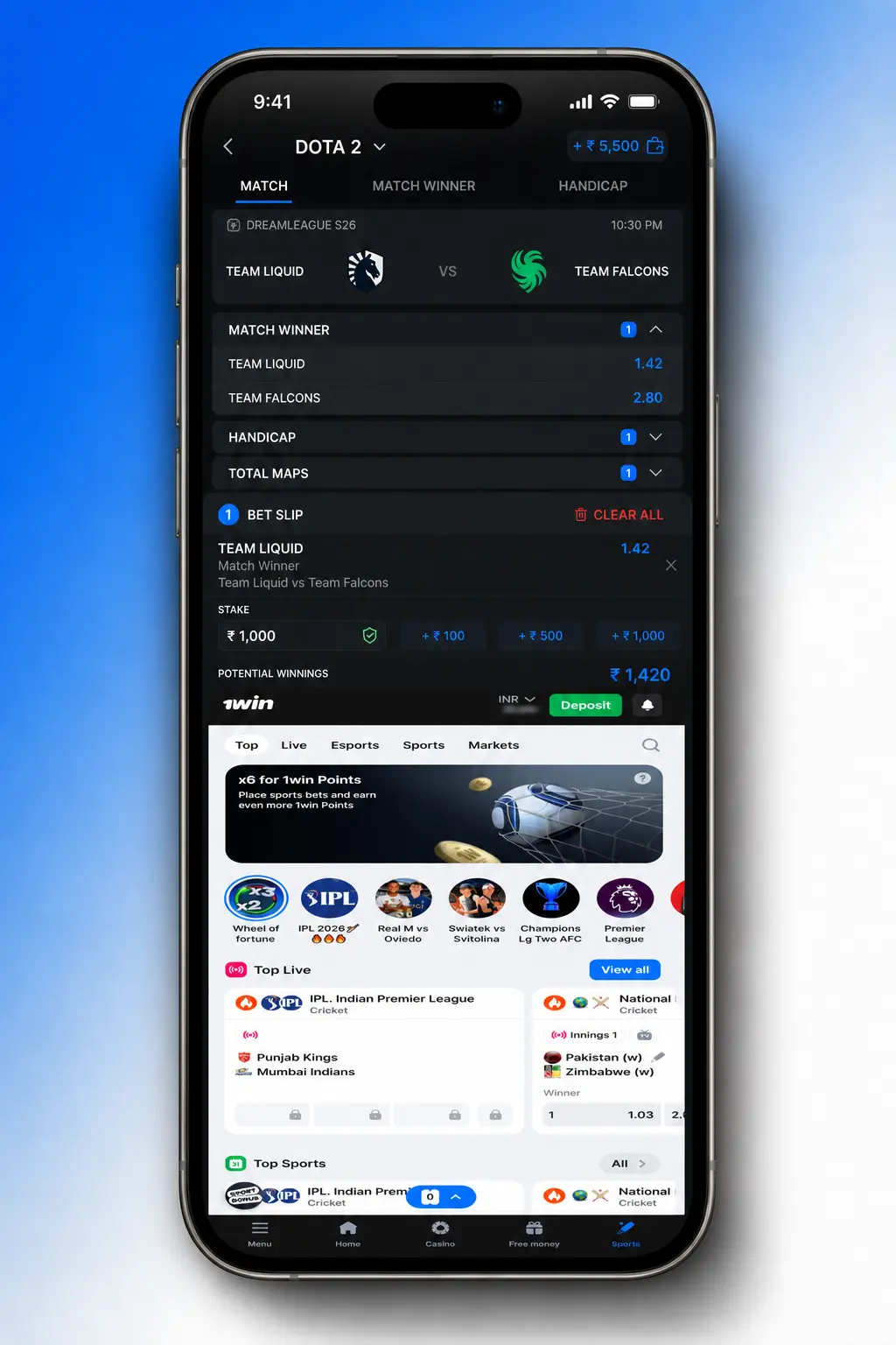 Step-by-step guide to placing a Dota 2 bet on the 1win sportsbook platform interface
