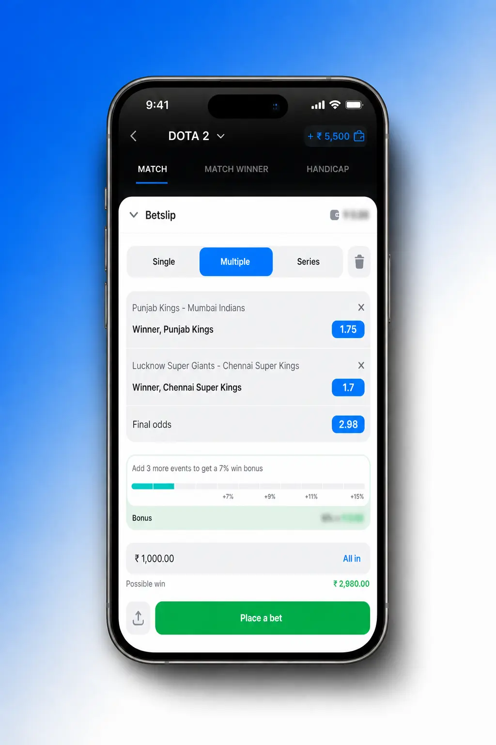 Step-by-step guide showing how to place a Dota 2 bet on the 1win sportsbook platform