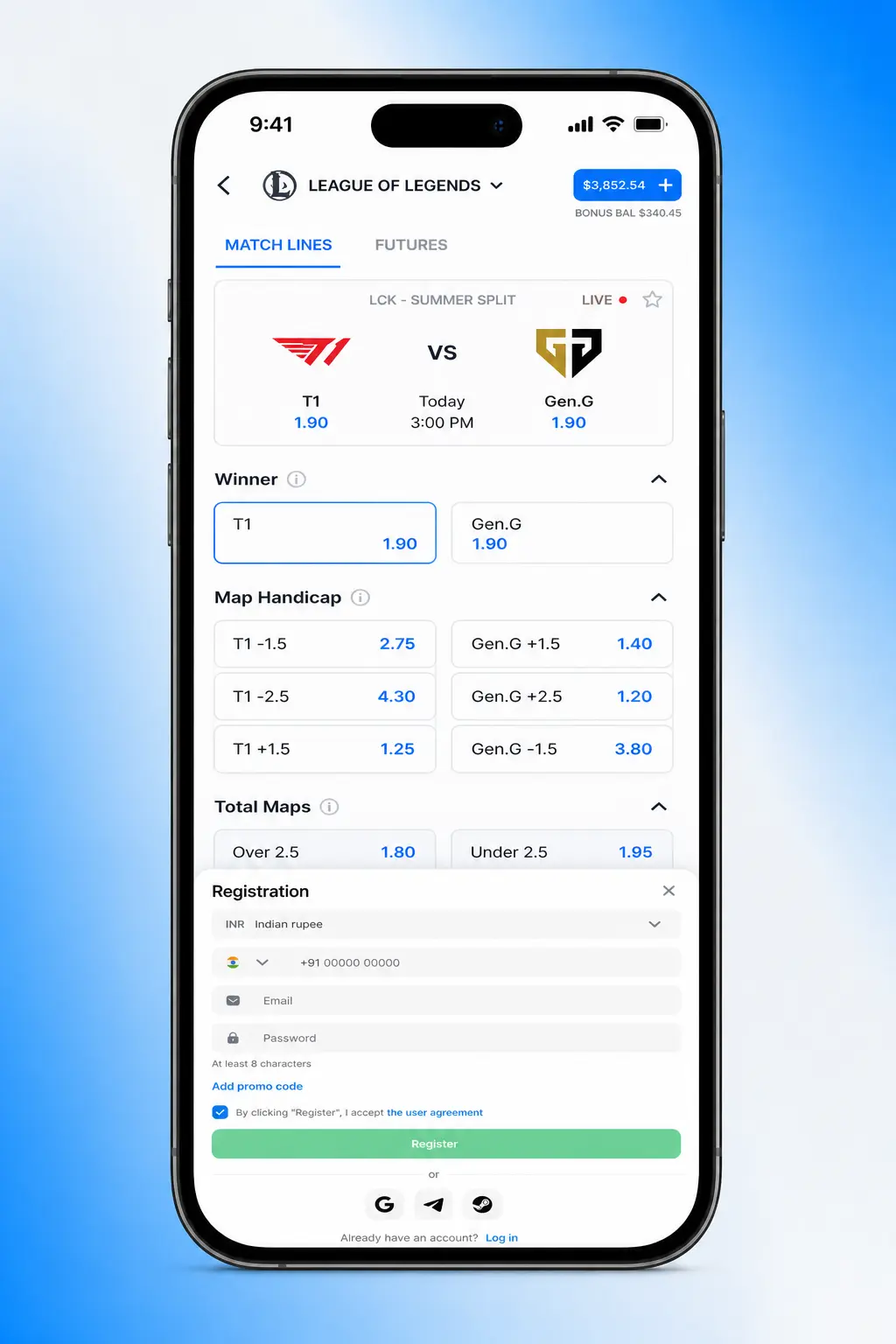 Step-by-step guide showing how to bet on League of Legends matches on the 1win platform interface