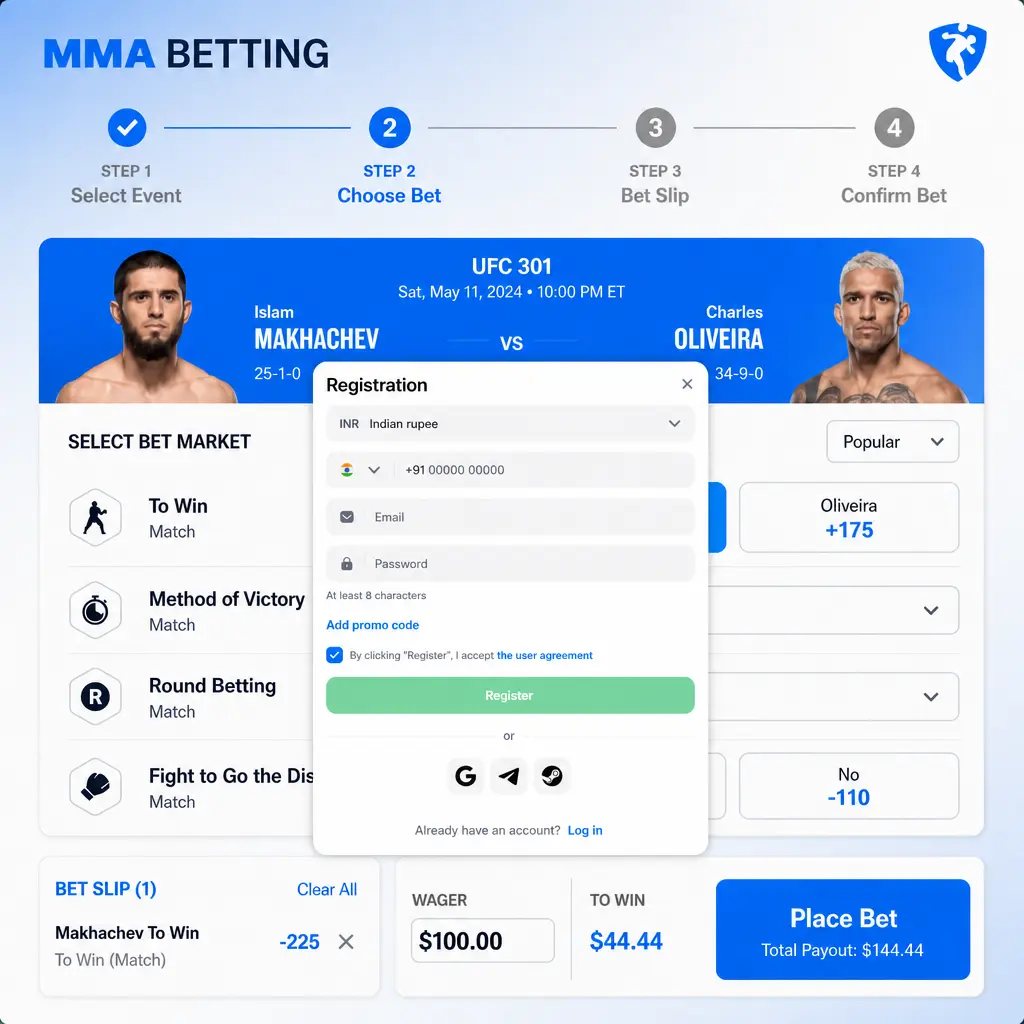 Step-by-step guide showing how to place an MMA bet on 1win, from selecting sports to confirming stake in INR.