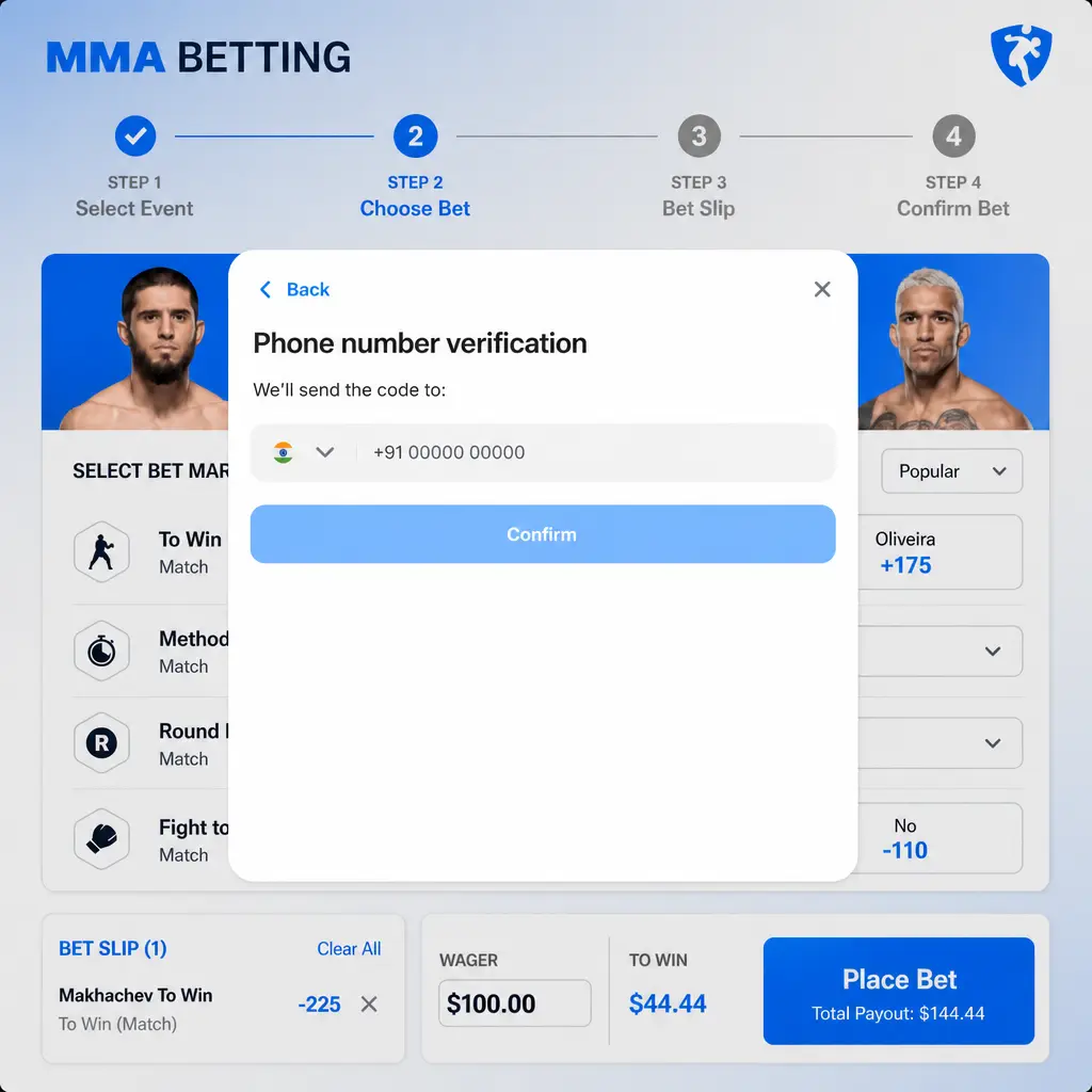 Step-by-step guide to placing an MMA bet on 1win, showing sportsbook menu, fight selection, and bet slip in INR