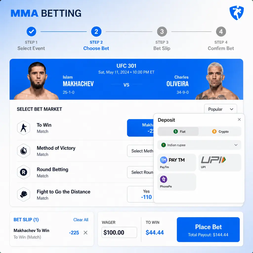 Step-by-step guide showing how to place an MMA bet on the 1win sportsbook platform