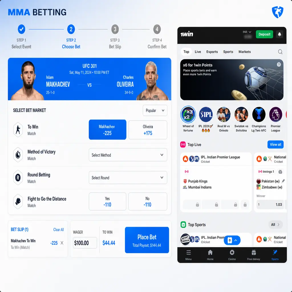 Step-by-step guide showing how to place an MMA bet on the 1win sportsbook platform