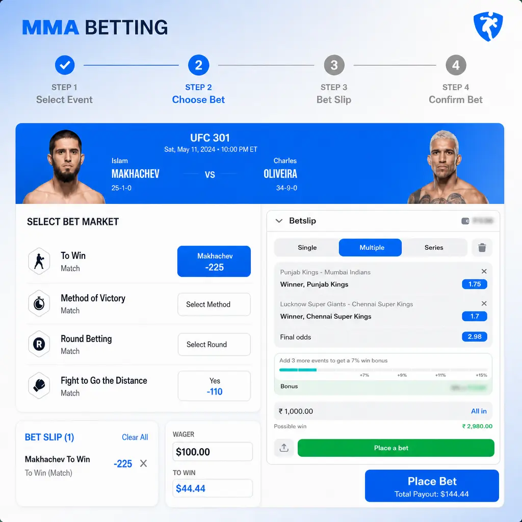 Step-by-step guide showing how to place an MMA bet on the 1win sportsbook platform interface