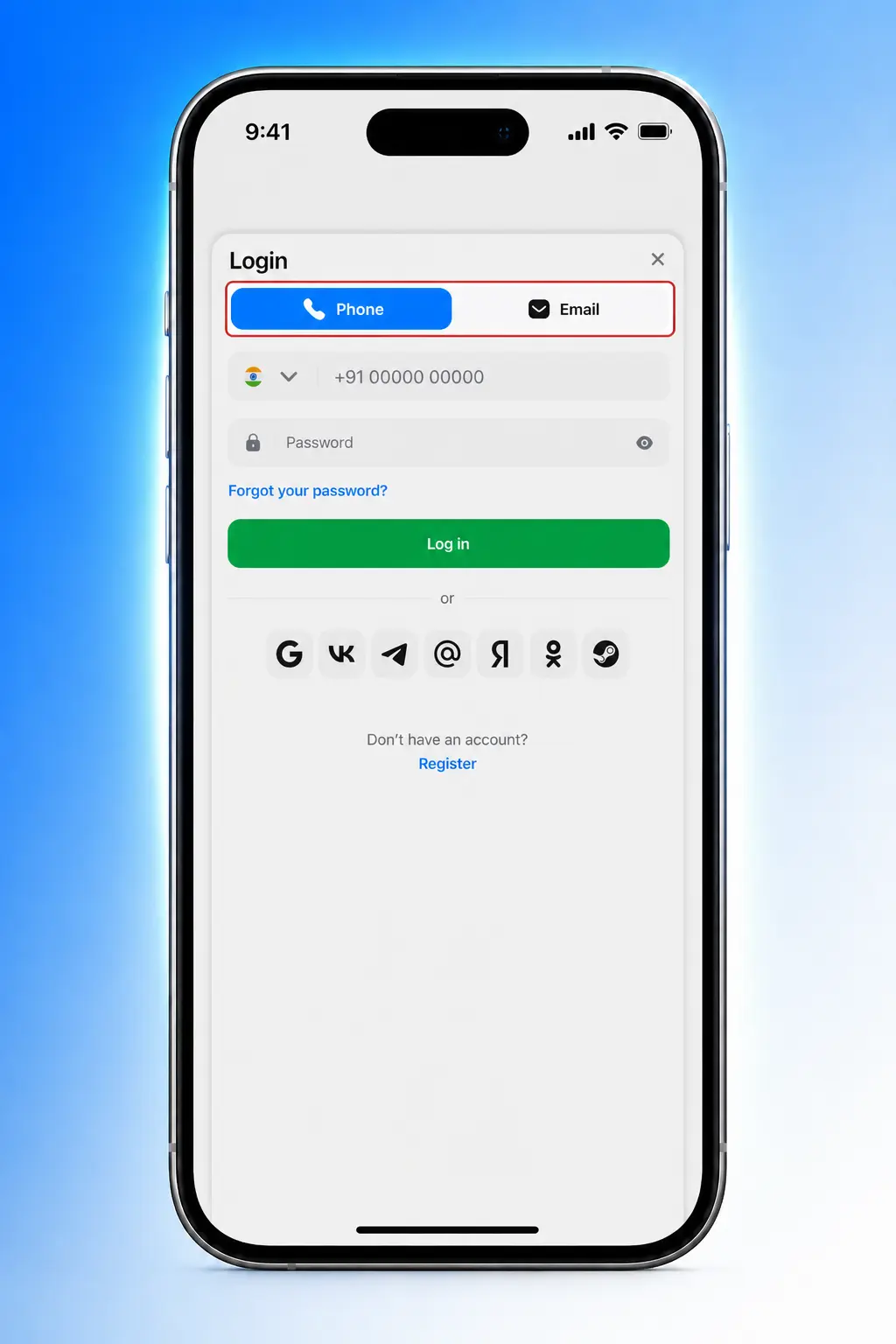 Screenshot showing steps to log in to 1win via mobile app using phone number, email, or password
