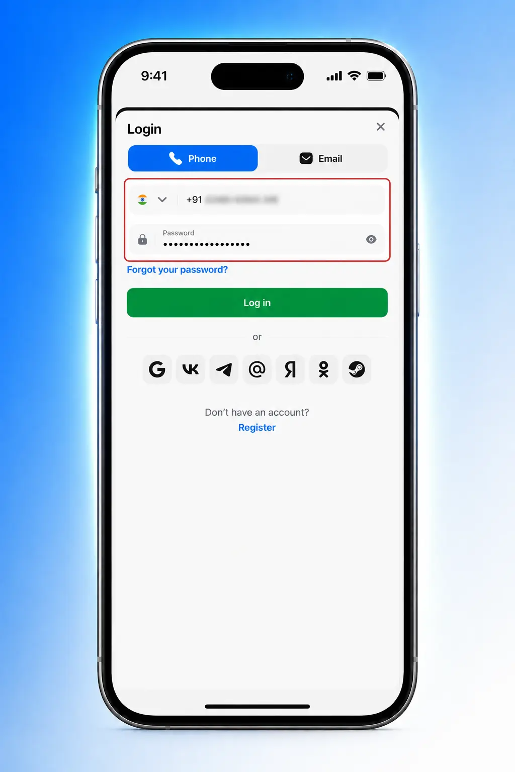 Screenshot showing steps to log in to 1win account via mobile app using phone number or email and password