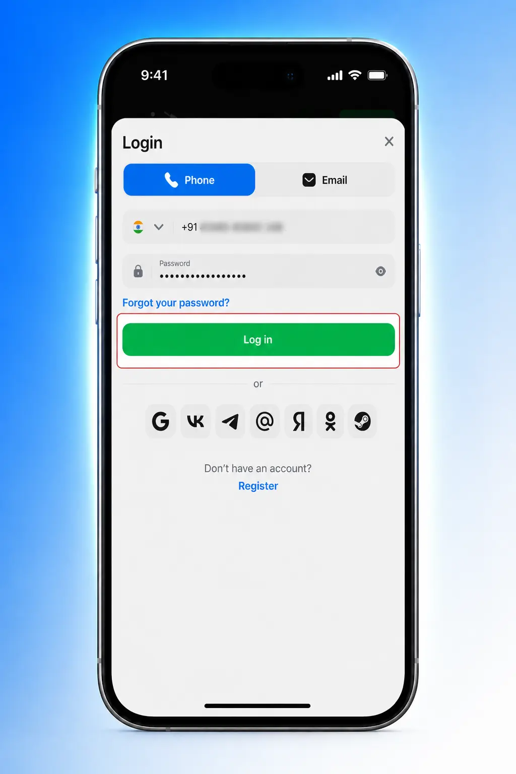 Screenshot showing steps to log in to 1win account via the mobile app on Android or iOS