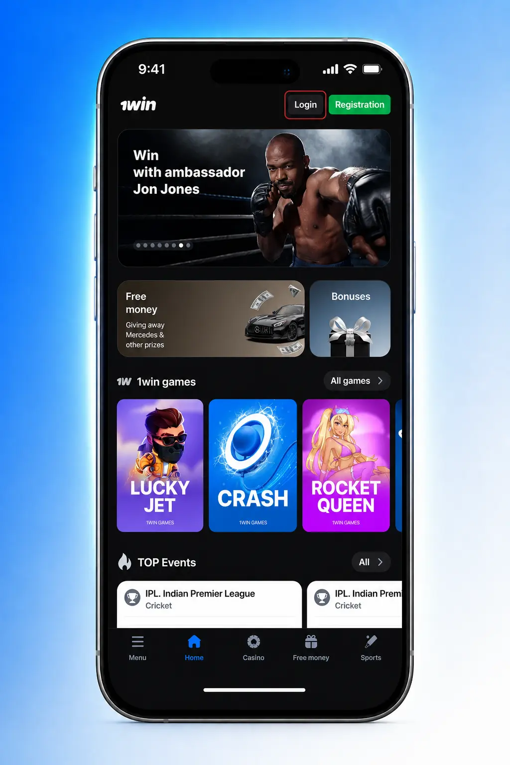 Screenshot showing steps to log in to 1win via the mobile app using phone number or email and password