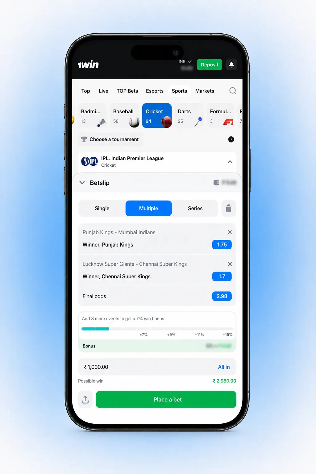Step-by-step guide showing how to place a bet at 1win via the sportsbook on the official website or app.