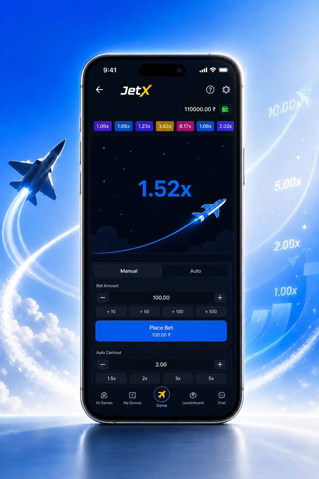 Step-by-step guide showing how to play JetX at 1win casino on a smartphone screen