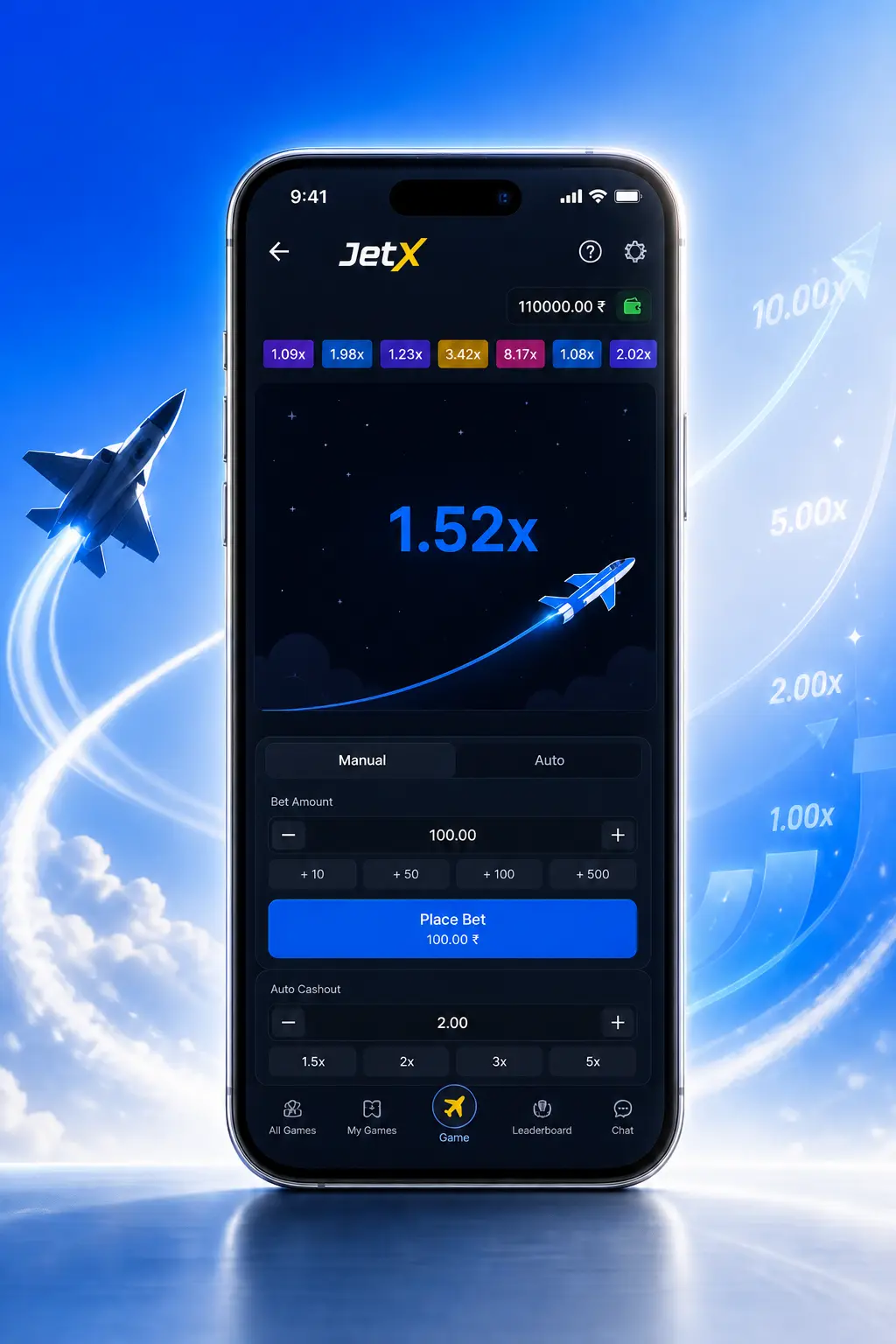 JetX pre-round betting screen at 1win showing Bet Amount field and countdown timer on smartphone display