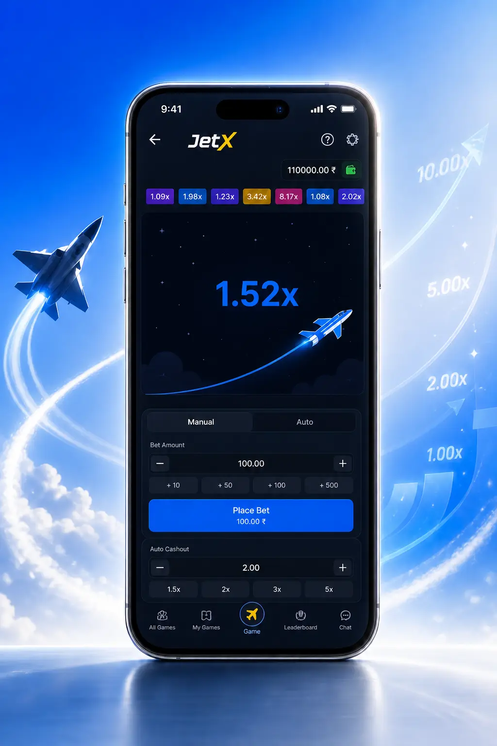 Step-by-step guide showing how to play JetX at 1win, with active flight and rising multiplier on screen
