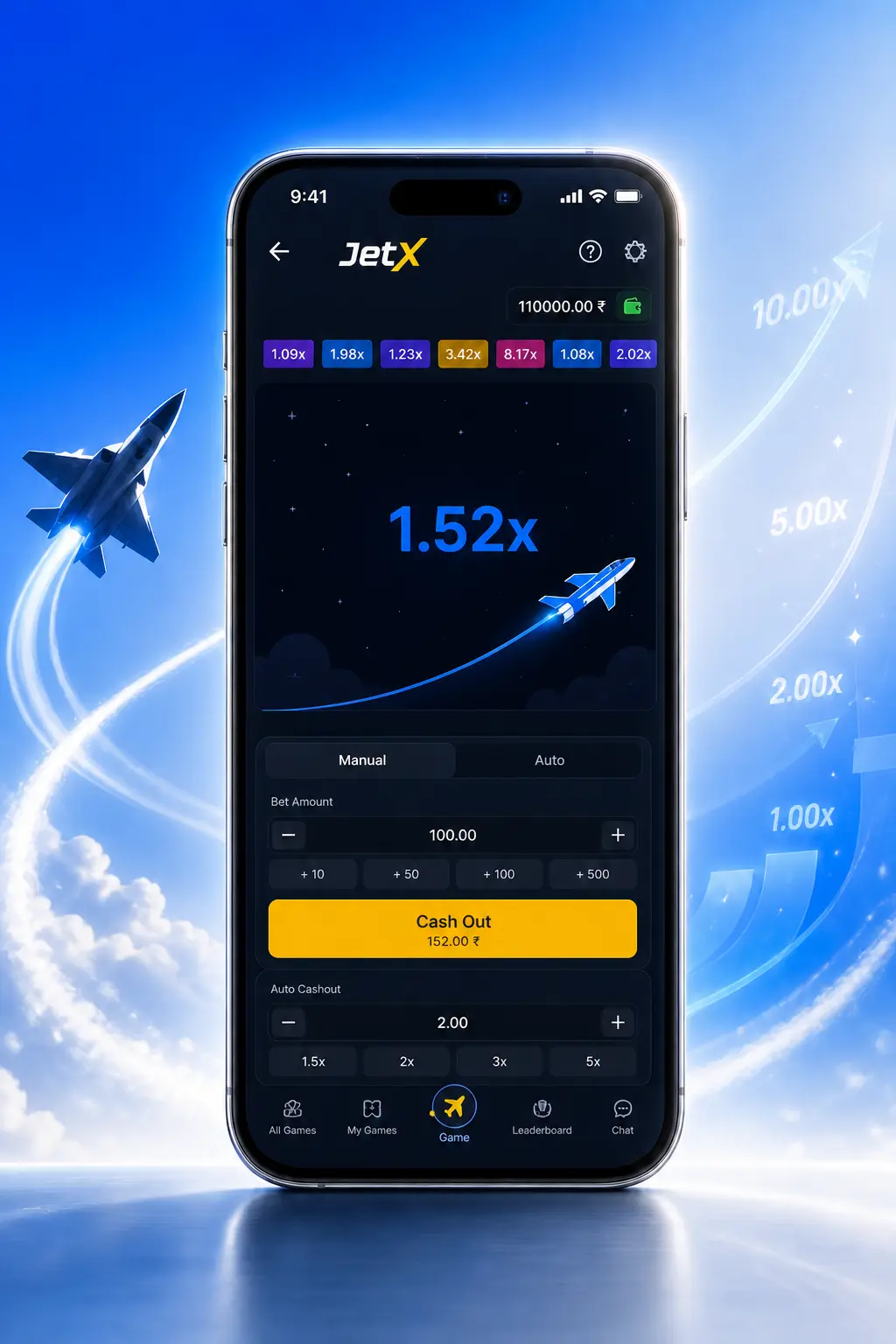 Screenshot showing JetX multiplier climbing during active flight with Cash Out option on 1win smartphone screen