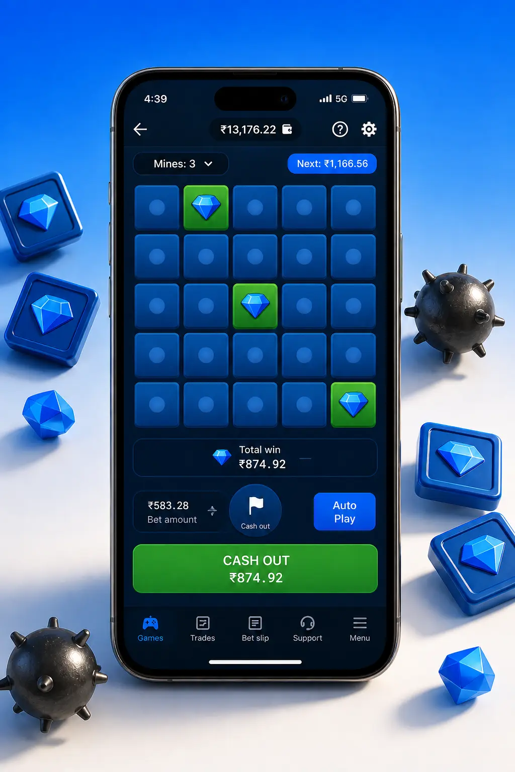 Step-by-step guide to playing Mines at 1win casino, shown on a smartphone screen interface.