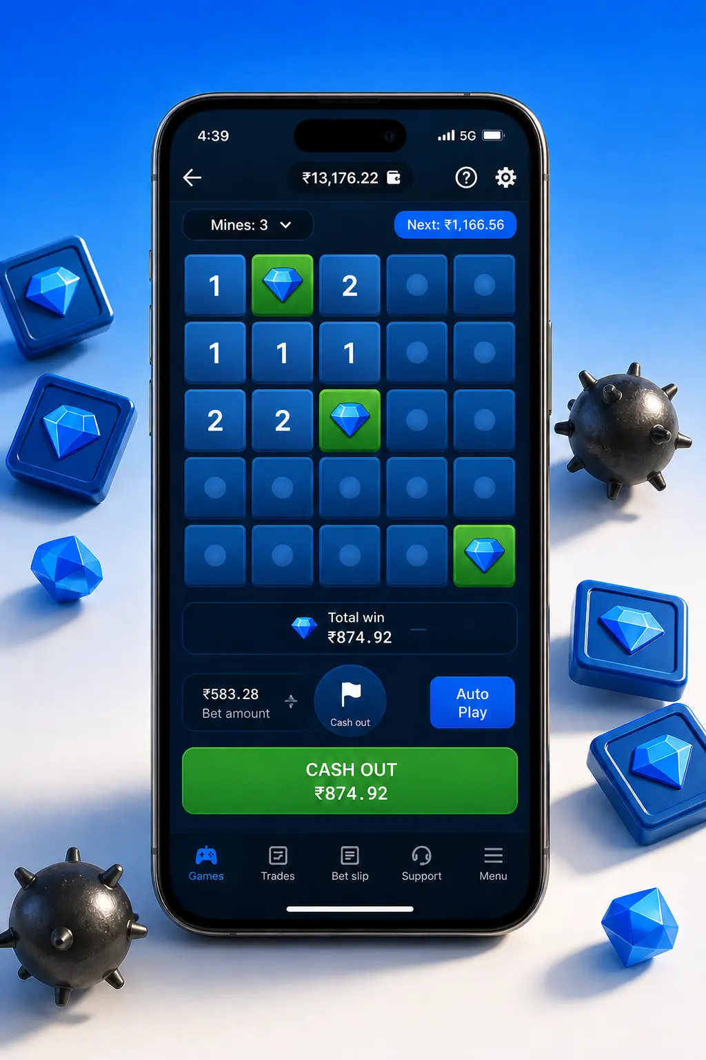 Step-by-step guide showing how to play Mines game at 1win casino on a smartphone screen