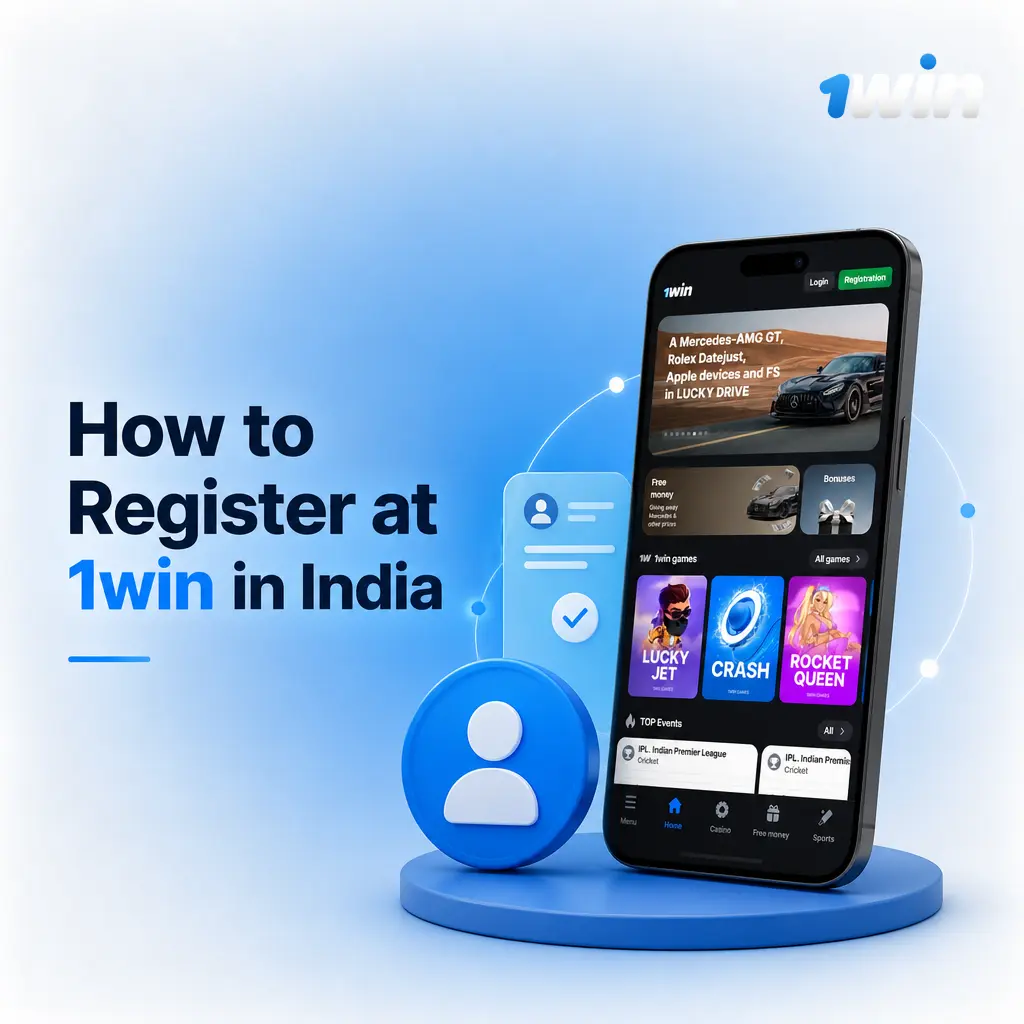 Step-by-step guide showing how to register a 1win account in India using phone, email, or social login options.
