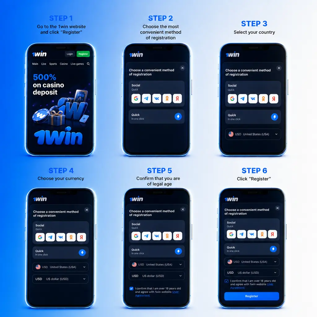 Step-by-step guide showing how to register on 1win in India using email, mobile number, or one click sign up