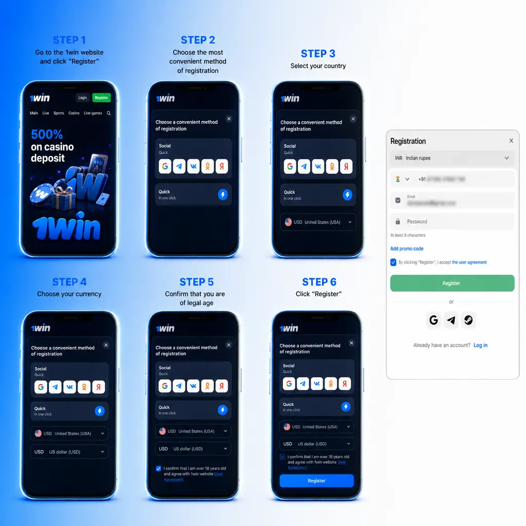 Step-by-step guide showing how to register on 1win in India using email, mobile number, or one click sign up