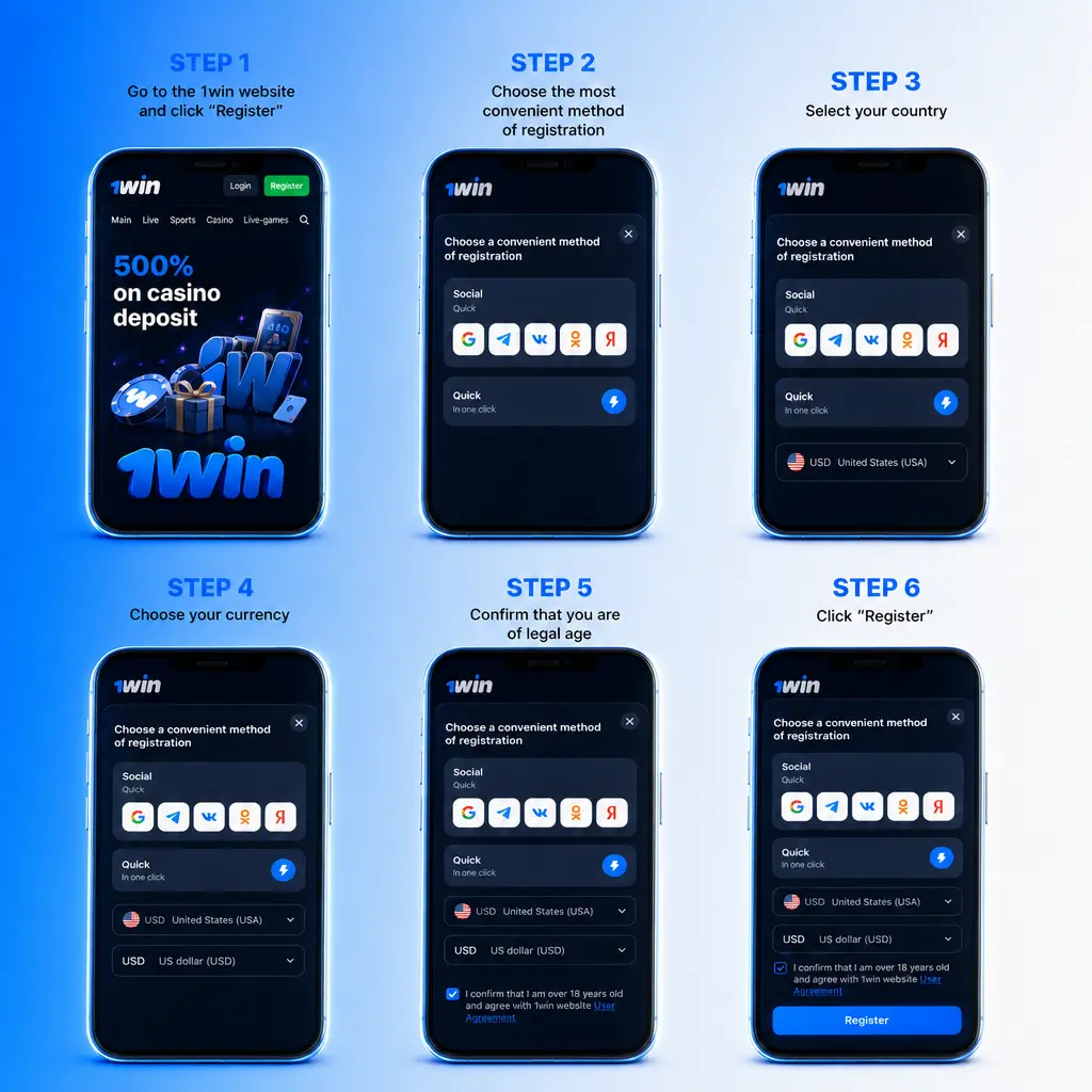 Step-by-step guide showing how to register on 1win in India using email, mobile number, or one click sign up