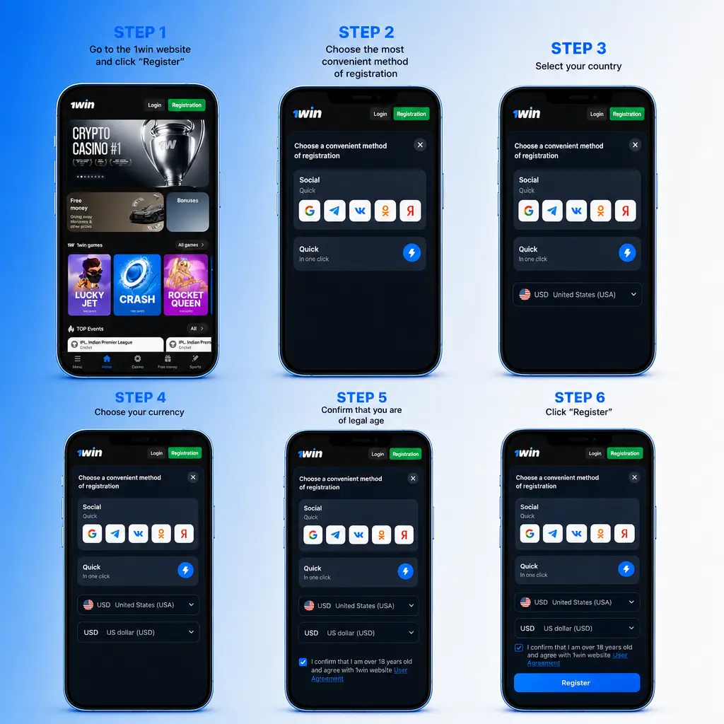 Step-by-step guide showing how to register on 1win in India using email, mobile number, or one click sign up.