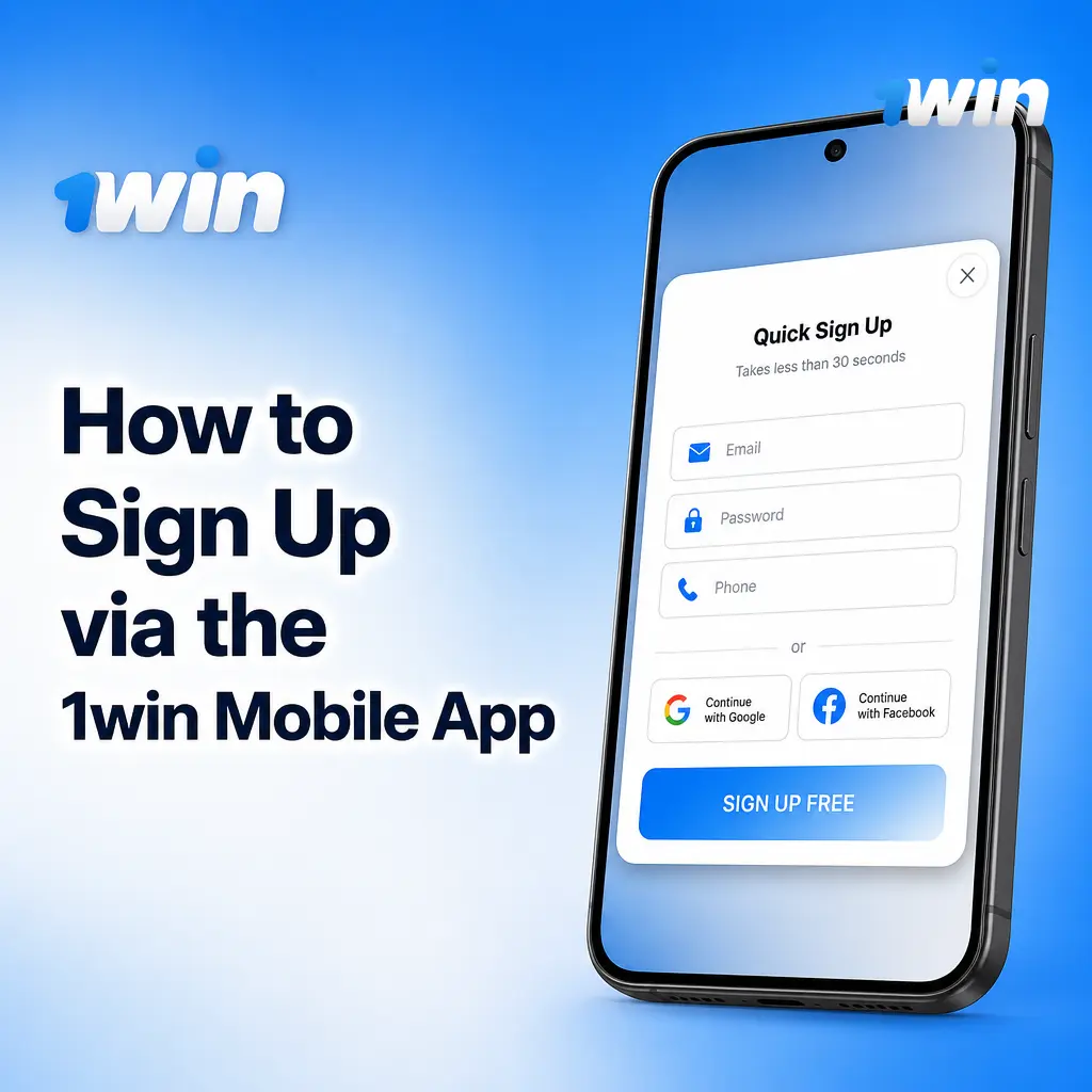 Step-by-step guide showing how to sign up for a 1win account using the mobile app on Android and iOS devices