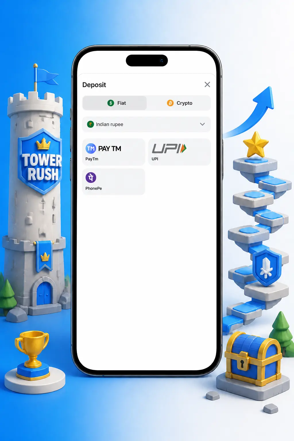 Step-by-step guide to start playing Tower Rush online at 1win, showing account registration and promo code entry