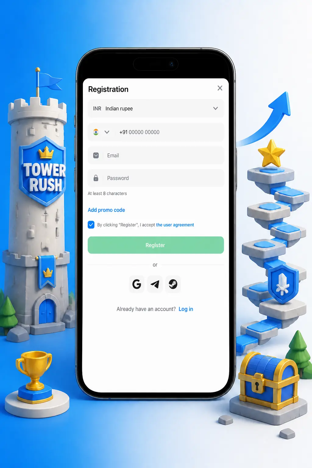 Step 1 of 1win registration process shown on smartphone screen for starting Tower Rush game online