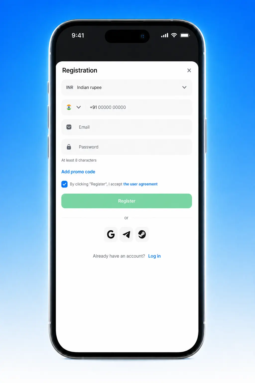 Step-by-step guide showing how to enter the 1win promo code during registration for Indian users