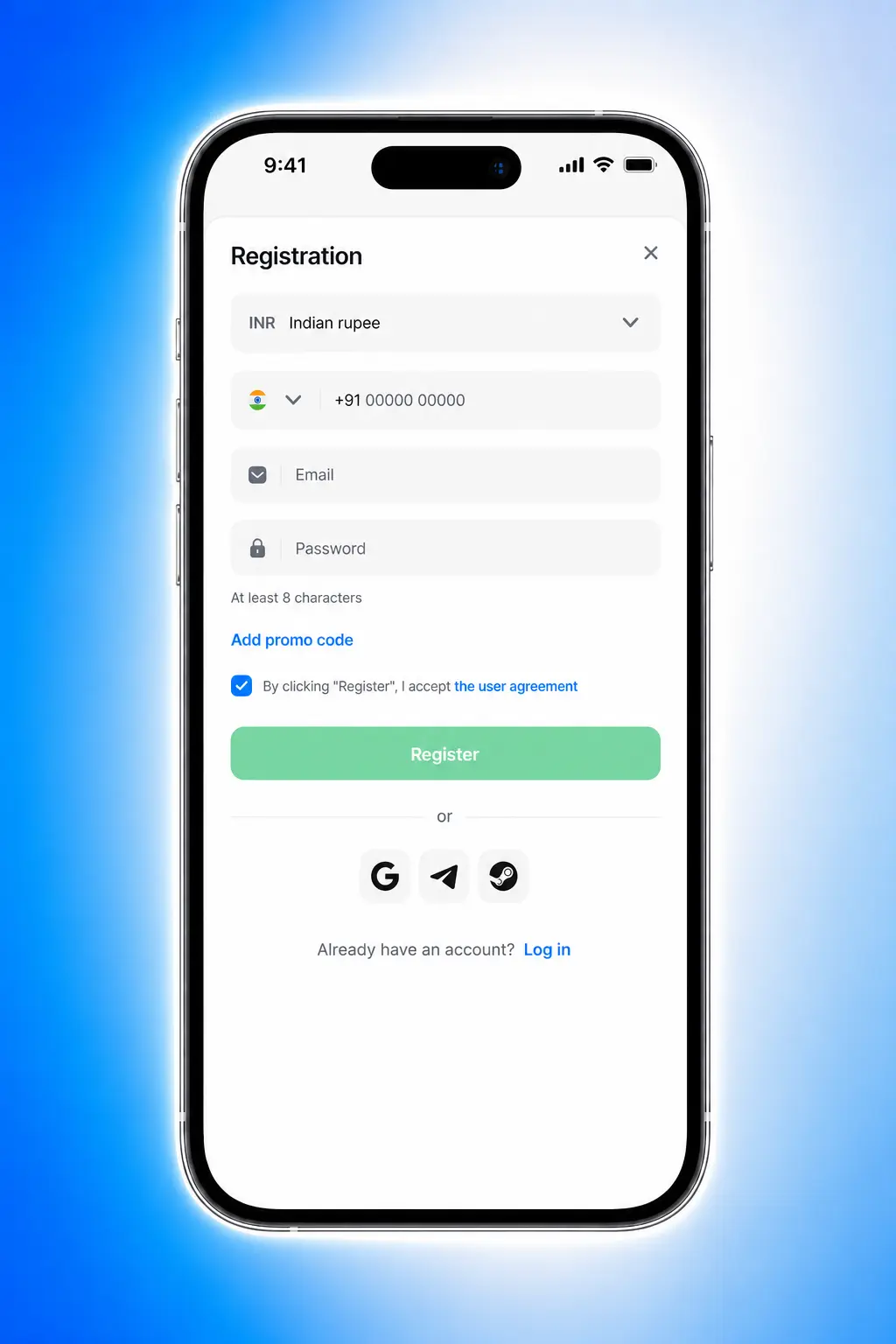 Steps to enter a 1win promo code during app registration, showing sign-up form and code field