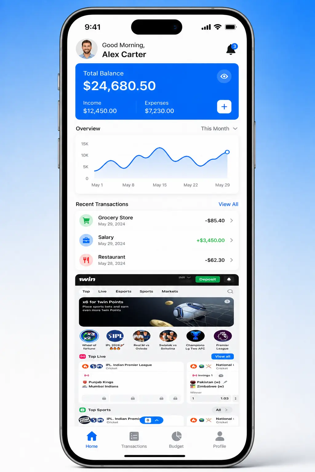 1win app Ice Hockey betting screen showing NHL, KHL and IIHF markets with live betting options
